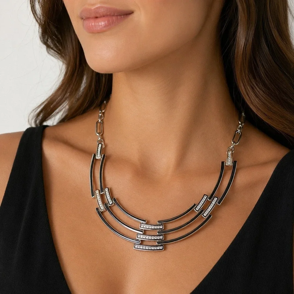 White House Black Market WHBM Silver Tone Geometric Statement Necklace Pave‎